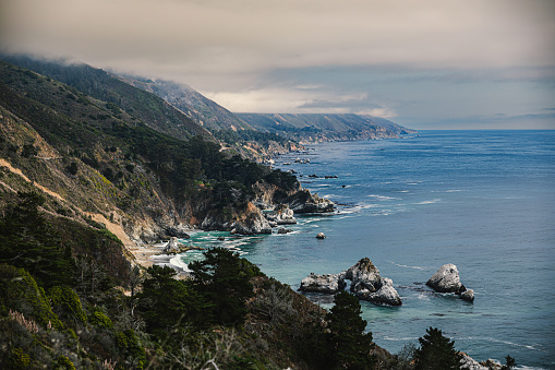 Coastline and cliffs in Big Sur on the Pacific Highway in California.