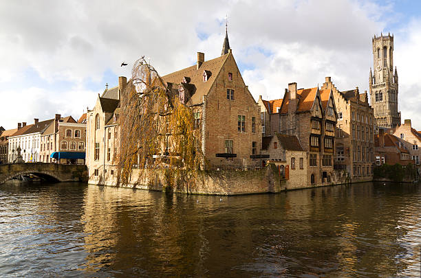 Rozenhoedkaai: waterfront building behind canal in Bruges (Belgium) at autumn