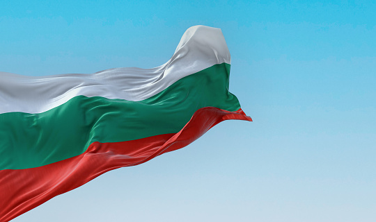 Bulgaria national flag waving in the wind on a clear day. White, green and red horizontal stripes. 3d illustration render. Fluttering fabric