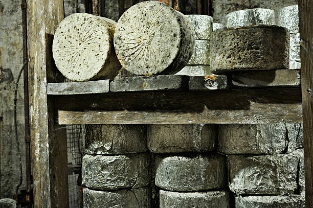 Roquefort cheeses in producer's cave stock photo