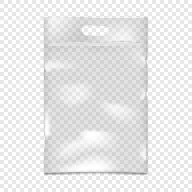 Vector illustration of Clear vinyl resealable zipper pouch with cut handle vector mockup. Blank transparent plastic bag with zip lock and hanging hole mock-up. PVC envelope zipper package template