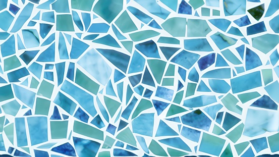 Broken tiles mosaic, blue and turquoise color tiles with white joints, no people