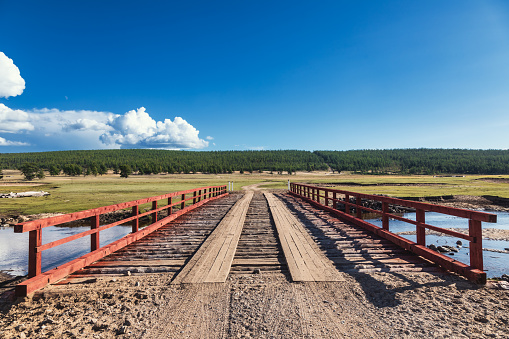 Wooden bridge over a river in Khovsgol Province of northern Mongolia