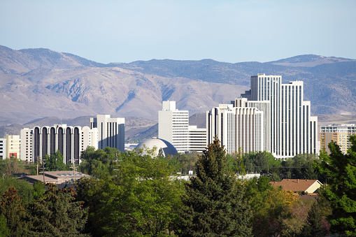 Reno Nevada downtown skyline. Reno is a city in the US state of Nevada near Lake Tahoe. Known as 