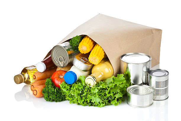 Brown paper shopping bag laying on white backdrop