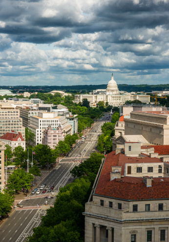 View from Old Post Office building tower toward Pennsylvania Avenue and United States Capitol, Washington, D.C. USA. Capitol Dome is one of the largest domes in the world. Originally a wood and copper construction was replaced with the \