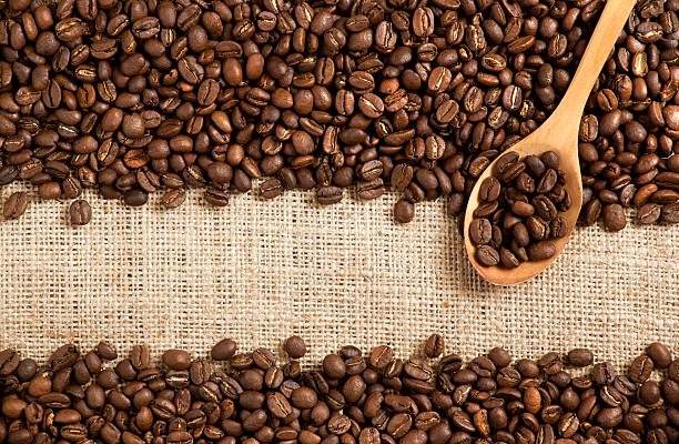granos de café con arpillera - caffeine full frame studio shot horizontal fotografías e imágenes de stock
