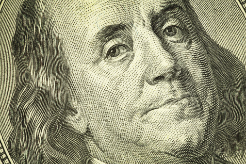 Close-up of Benjamin Franklin Portrait on One Hundred Dollar Bill. High resolution photo taken with Canon 5D Mark II and Sigma lens.