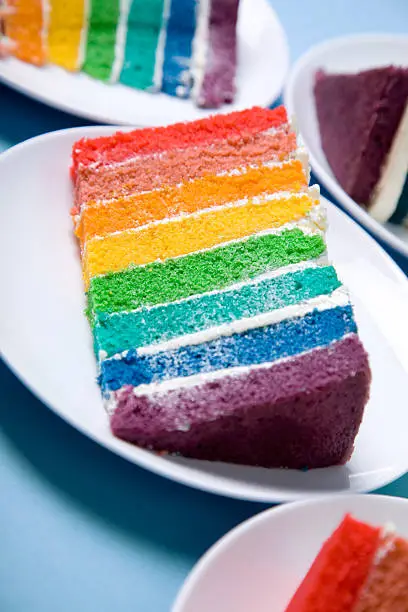 a slice of colorful rainbow cake