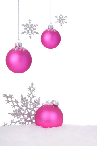 Christmas ornaments in snow and hanging on a white background.PLEASE CLICK ON THE IMAGE BELOW TO SEE MY CHRISTMAS LIGHTBOX: