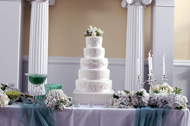 istock Fancy Elegant Tall Large White Wedding Cake Decorative Table Centerpiece 171353561