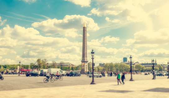 Place de la Concorde in Paris. Retro and tilt-shift effect with added grain.