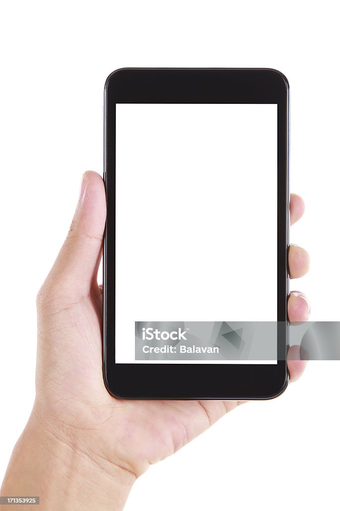 Mão segurar ecrã em branco telefone inteligente, sobre fundo branco - Royalty-free Telefone Móvel Foto de stock