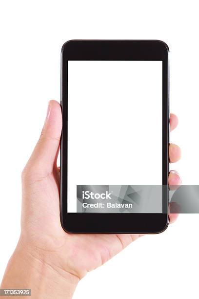 Mão Segurar Ecrã Em Branco Telefone Inteligente Sobre Fundo Branco - Fotografias de stock e mais imagens de Telefone Móvel