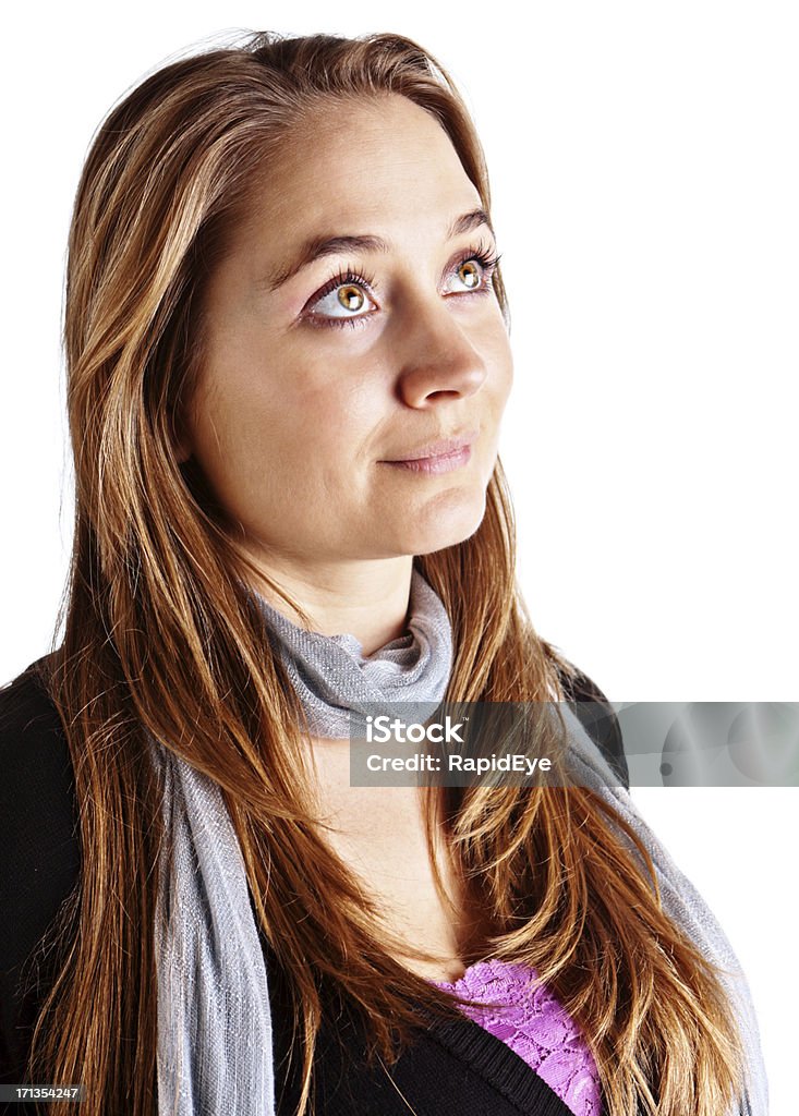 Beautiful brown-eyed blond looks upward, smiling "This beautiful young honey-blonde brown-eyed woman looks up, smiling gently." 20-29 Years Stock Photo