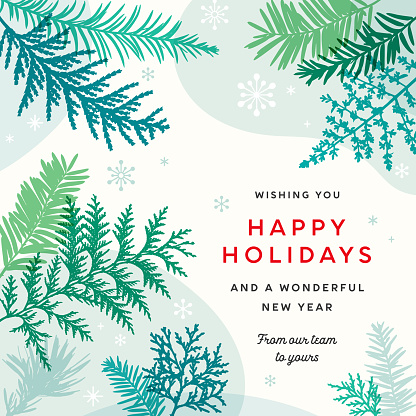 Holiday Christmas card with evergreen branches and snowflakes. Modern winter background with pine tree branches and falling snow.