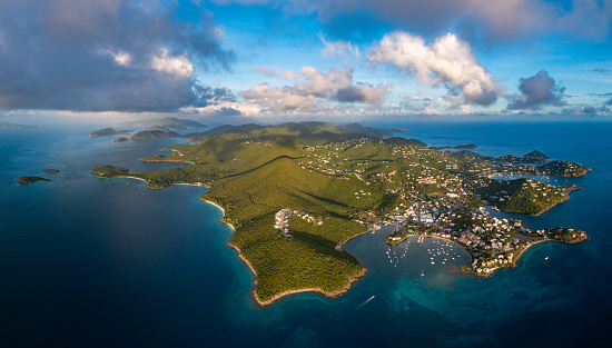 Sunset aerial view of the island of St. John, United States Virgin Islands