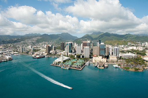 View from above of the Honolulu skyline and harbor.