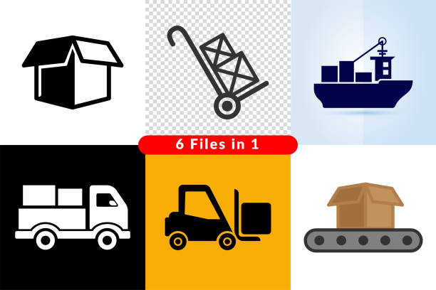 ilustraciones, imágenes clip art, dibujos animados e iconos de stock de icono de transporte de carga. - black background cardboard box computer icon symbol