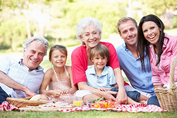 multi-generationen-familie genießen ein picknick zusammen - family grandmother multi generation family nature stock-fotos und bilder