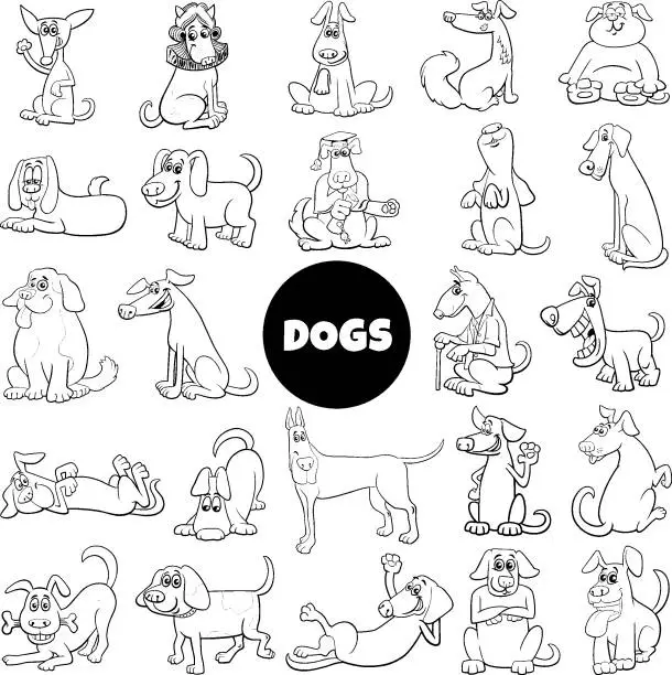 Vector illustration of black and white cartoon dogs comic characters big set