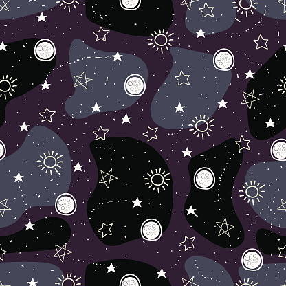 Astral seamless surface pattern design of astronomical objects. Mystic arrangement of planets, stars, asteroids, moon in space. Magical night sky celestial textured background for textile and printing.