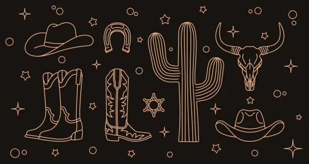 Vector illustration of Western Bundle Cowboy Hat Boots Longhorn Skull Cactus Horseshoe Sheriff Star Wild West Collection
