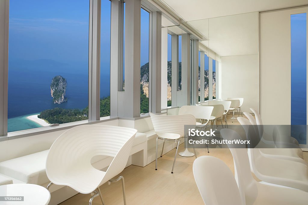 Office Waiting Area With A Tropical Ocean View. Luxury Stock Photo