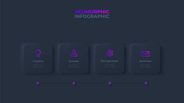 istock Dark neumorphic timeline infographic. Skeuomorph concept with 4 options, parts, steps or processes 1713566329