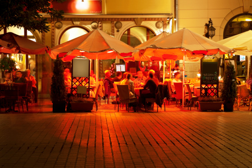 Street Cafes in Market Square at Night, Cracow, Poland