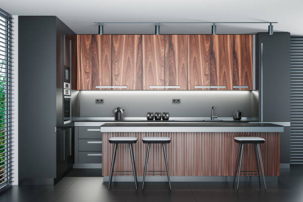 istock Luxury Black Modern minimalist kitchen on two walls. Dark materials. 1713568010