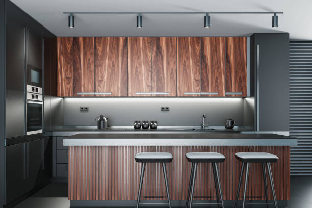 istock Luxury Black Modern minimalist kitchen on two walls. Dark materials. 1713568011
