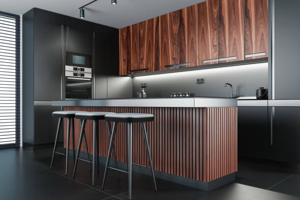 istock Luxury Black Modern minimalist kitchen on two walls. Dark materials. 1713568024