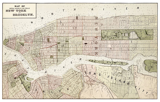 ilustraciones, imágenes clip art, dibujos animados e iconos de stock de mapa de nueva york y brooklyn 1873 - vin01