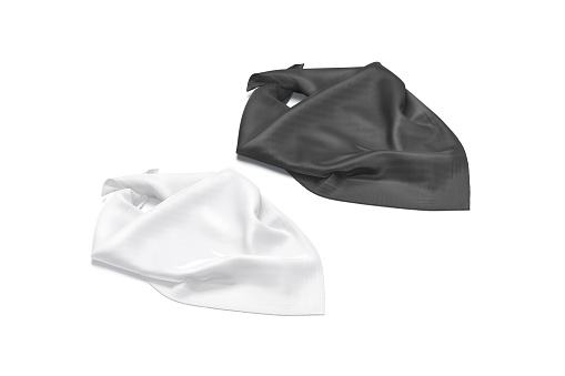 Blank black and white folded twill silk scarf mockup, isolated, 3d rendering. Empty tulle or cotton crumpled scarves mock up, side view. Clear kerchief cover or shawl for elegant accessories template.