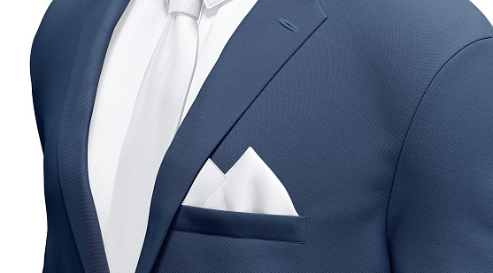 Blank white folded pocket square in blue classic suit mockup, 3d rendering. Empty formal or elegant male outfit with handkerchief and dress shirt mock up, side view. Clear closeup formalwear template.