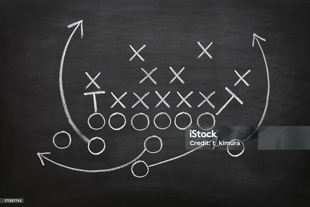 Football game plan on blackboard with white chalk Football Coach American Football - Sport Stock Photo