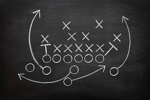 Photo of Football game plan on blackboard with white chalk