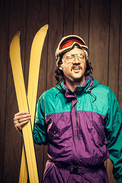 lustige ski bum in der lodge - kitsch men ugliness humor stock-fotos und bilder