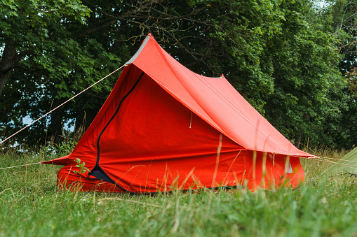 Modern camping tent standing proudly on green field in front of trees, attached with ropes to ground and ready for indulging peaceful summer night in comfortable shelter of vibrant red color.