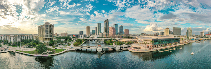 Drone angle view of downtown Tampa, Florida at dusk.