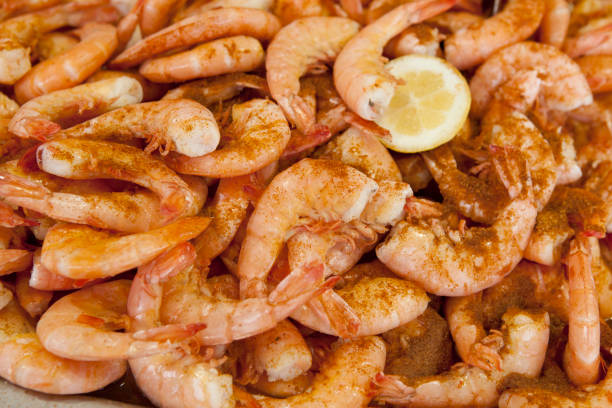 Spicy Steamed shrimp for sale at seafood market