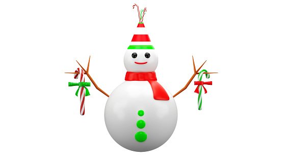 3D rendering of snowman wearing red scarf with fancy hat and candy staff