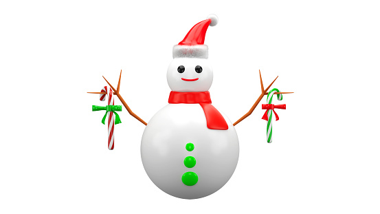 3D rendering of snowman wearing red scarf with santa hat and candy staff