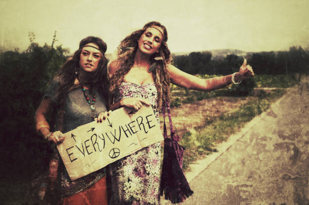 Hitchiking Hippies Women. 1970s style. Age effects added.
