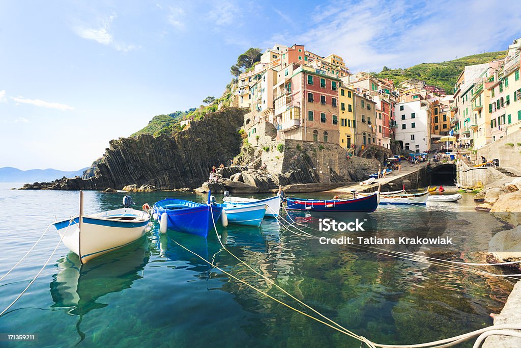 A view from the water of Riomaggiore, Cinque Terre Riomaggiore, Cinque Terre (Liguria, Italy). Italy Stock Photo