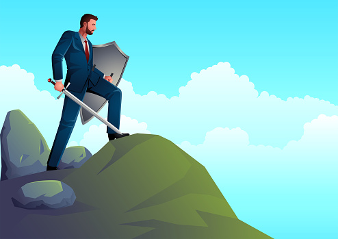 Business concept vector illustration of an optimistic businessman holding a sword and shield standing on top of a rock, preparation, protection, precaution in business concept