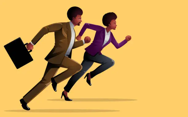 Vector illustration of Sprinting towards success, afro businessman and businesswoman sprinting side by side