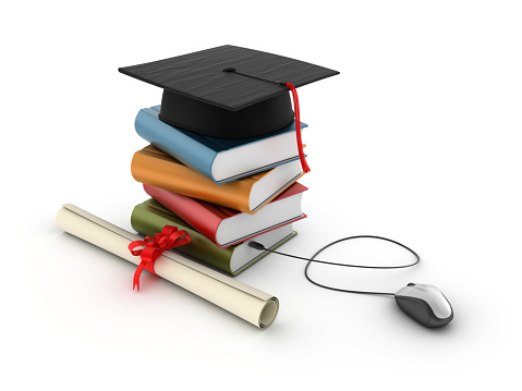 Stack of Books with Graduation Cap and Computer Mouse