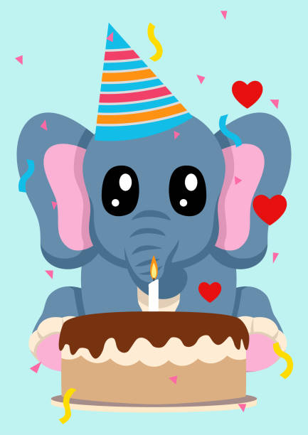 istock Adorable cartoon elephant wearing a birthday hat and sitting in front to a birthday cake 1713598143